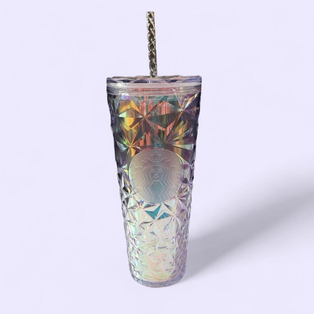 Starbucks 24oz Iridescent Faceted Prism Tumbler Purple Clear w/ Straw